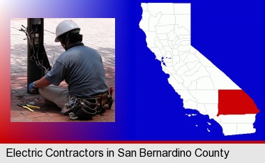 an electrician wearing a tool belt, installing electrical wiring; San Bernardino County highlighted in red on a map