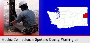 an electrician wearing a tool belt, installing electrical wiring; Spokane County highlighted in red on a map