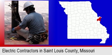 an electrician wearing a tool belt, installing electrical wiring; St Francois County highlighted in red on a map