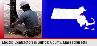 an electrician wearing a tool belt, installing electrical wiring; Suffolk County highlighted in red on a map