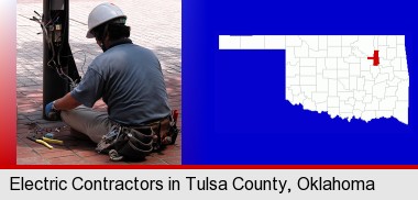 an electrician wearing a tool belt, installing electrical wiring; Tulsa County highlighted in red on a map