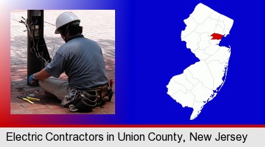 an electrician wearing a tool belt, installing electrical wiring; Union County highlighted in red on a map