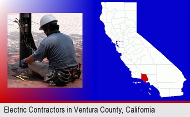 an electrician wearing a tool belt, installing electrical wiring; Ventura County highlighted in red on a map