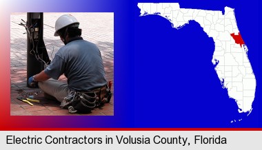 an electrician wearing a tool belt, installing electrical wiring; Volusia County highlighted in red on a map