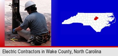 an electrician wearing a tool belt, installing electrical wiring; Wake County highlighted in red on a map