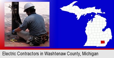 an electrician wearing a tool belt, installing electrical wiring; Washtenaw County highlighted in red on a map