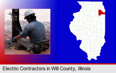 an electrician wearing a tool belt, installing electrical wiring; Will County highlighted in red on a map